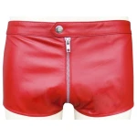 Men One Way Front To Back Zip Closure Real Sheepskin Red Leather Shorts