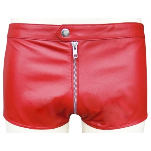 Men One Way Front To Back Zip Closure Real Sheepskin Red Leather Shorts