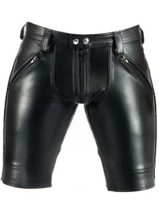 Men Saddle Seat Real Sheepskin Black Leather Shorts