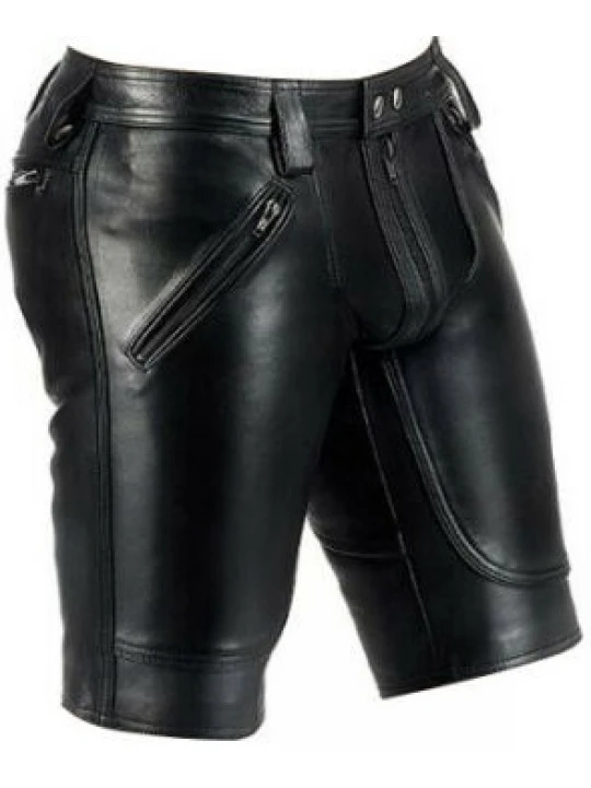 Men Saddle Seat Real Sheepskin Black Leather Shorts