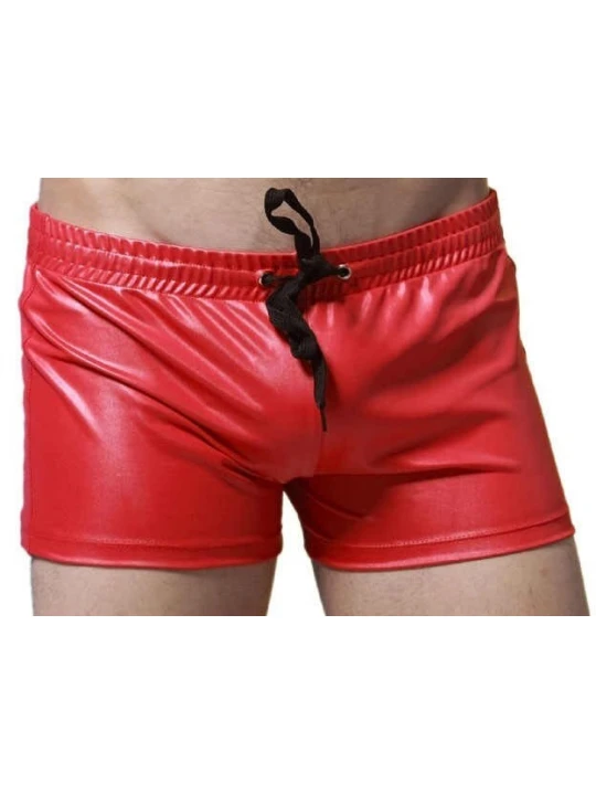 Men Sexy Hot Real Sheepskin Red Leather Shorts