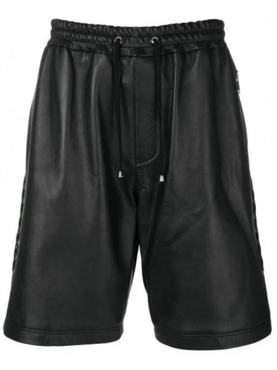 Men Side Lace-Up Basketball Real Sheepskin Black Leather Shorts
