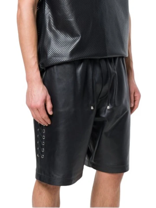 Men Side Lace-Up Basketball Real Sheepskin Black Leather Shorts