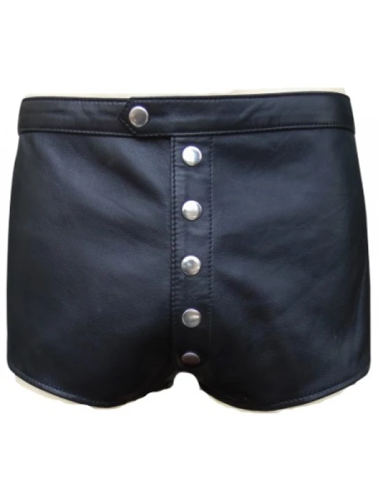 Men Snap Button Fly Real Sheepskin Black Leather Shorts