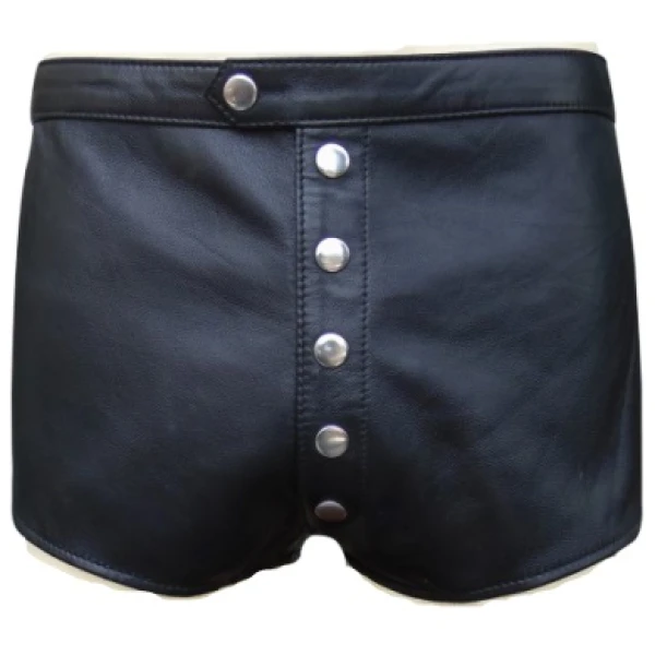 Men Snap Button Fly Real Sheepskin Black Leather Shorts