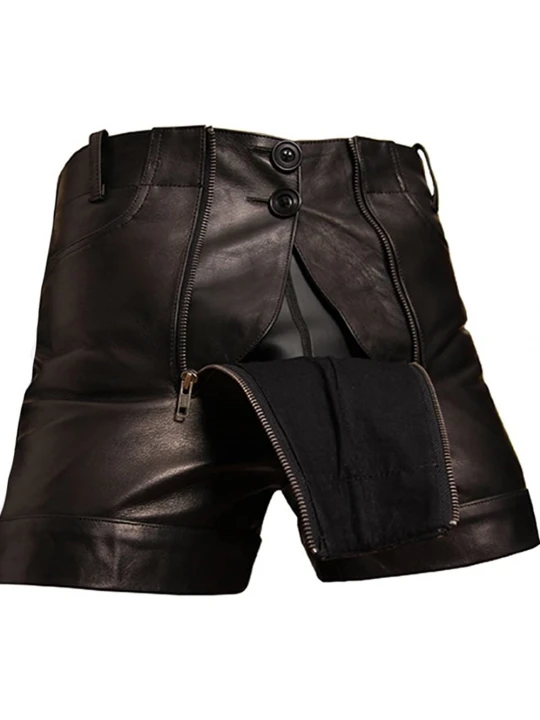 Men Unique Fashion Real Sheepskin Black Leather Shorts