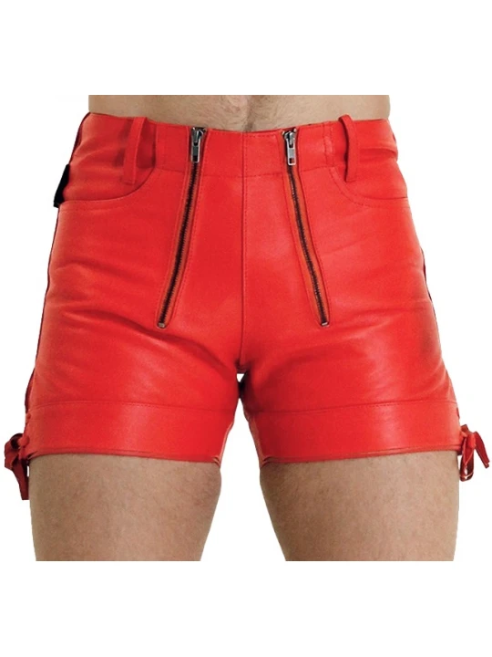 Men Unique Fashion Real Sheepskin Red Leather Shorts