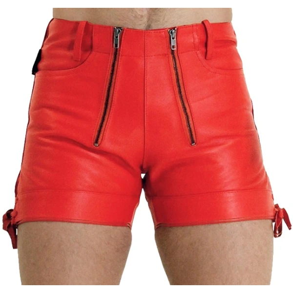 Men Unique Fashion Real Sheepskin Red Leather Shorts