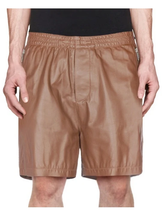 Men Zipper Pockets Real Sheepskin Brown Leather Shorts