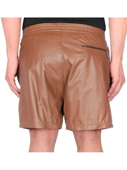 Men Zipper Pockets Real Sheepskin Brown Leather Shorts
