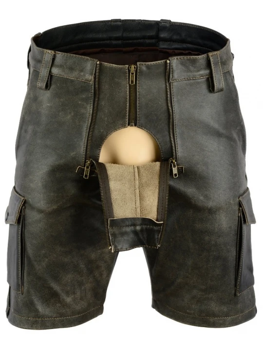 Mens Double Front Zipper Antique Leather Cargo Shorts