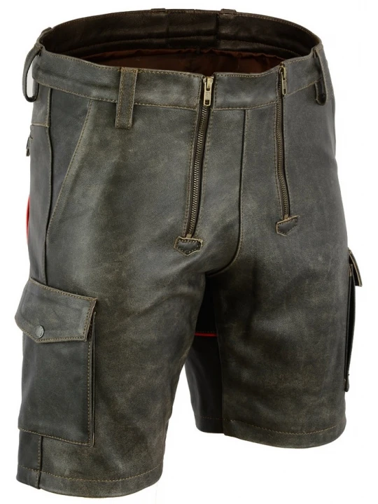 Mens Double Front Zipper Antique Leather Cargo Shorts With Red Looping