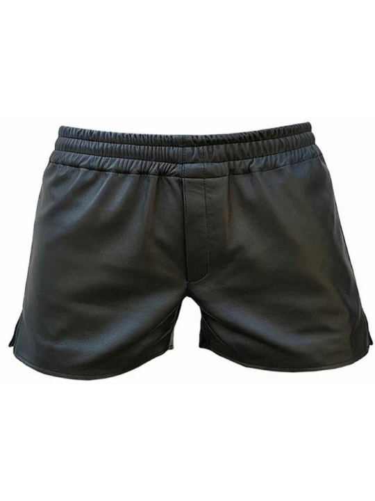 Mens Elastic Waist Athlete Real Sheepskin Black Leather Shorts