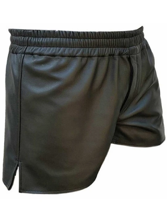 Mens Elastic Waist Athlete Real Sheepskin Black Leather Shorts