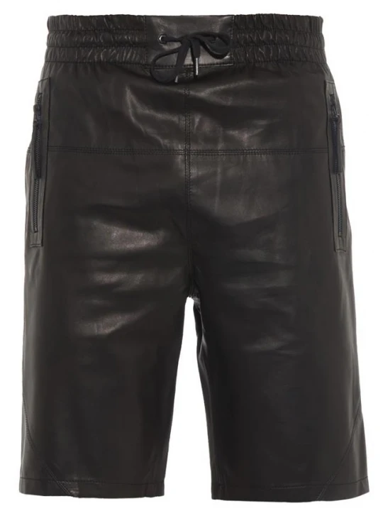 Mens Elastic With Drawstring Waist Real Sheepskin Black Leather Shorts
