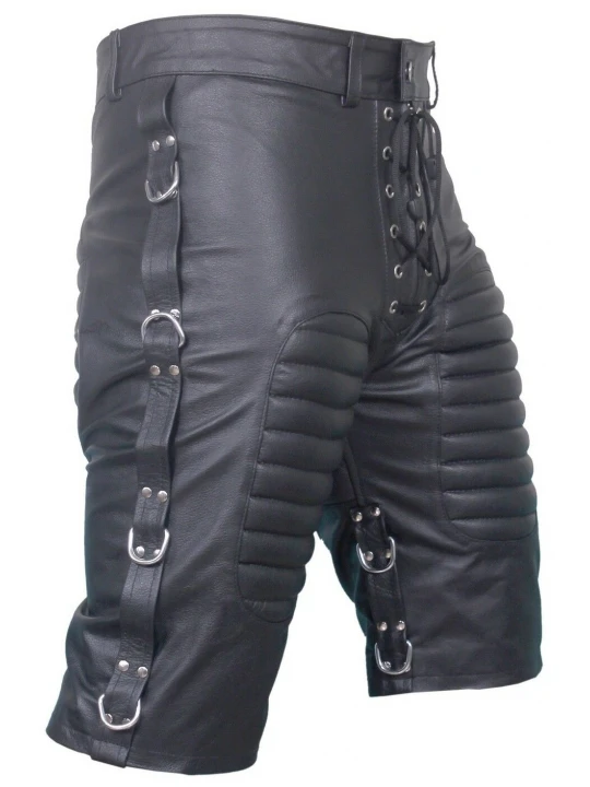 Mens Front Lace Up Quilted Real Sheepskin Black Leather Shorts