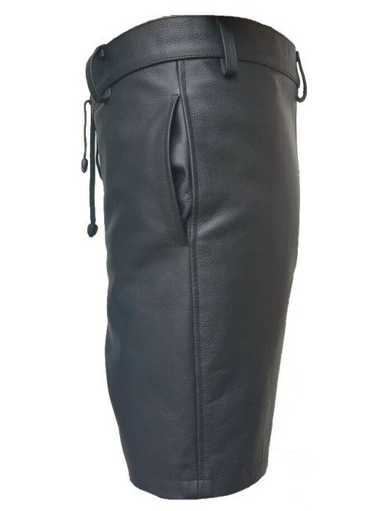 Mens Front Lace Up Real Sheepskin Black Leather Shorts