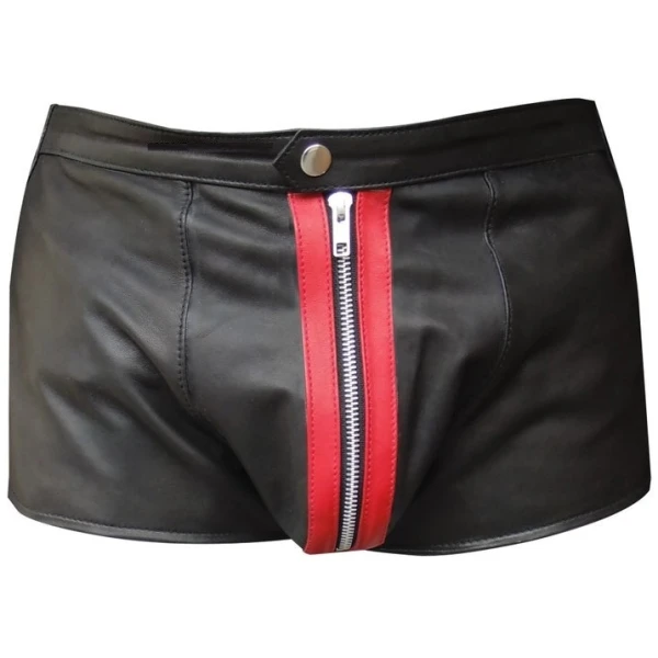 Mens Front Red Panel Real Sheepskin Black Leather Shorts