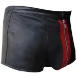 Mens Front Red Panel Real Sheepskin Black Leather Shorts