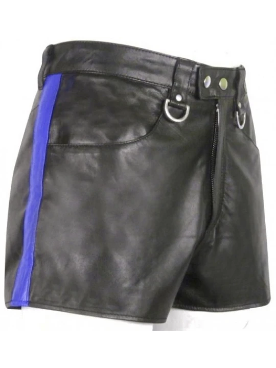 Mens Hot Blue Strip Real Sheepskin Black Leather Shorts
