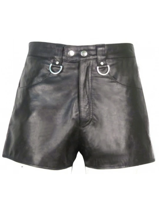 Mens Hot Blue Strip Real Sheepskin Black Leather Shorts