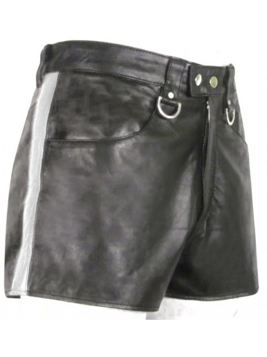 Mens Hot White Strip Real Sheepskin Black Leather Shorts
