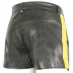 Mens Hot Yellow Strip Real Sheepskin Black Leather Shorts