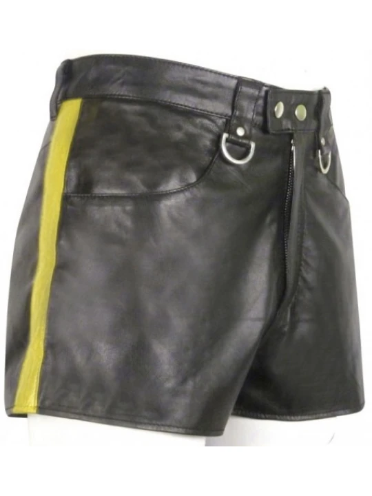 Mens Hot Yellow Strip Real Sheepskin Black Leather Shorts