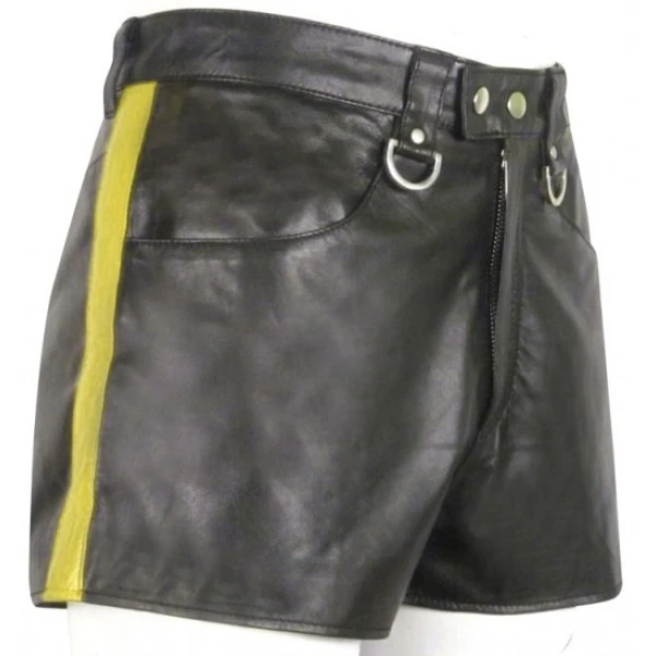 Mens Hot Yellow Strip Real Sheepskin Black Leather Shorts