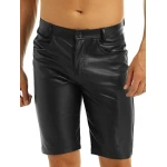 Mens  Knee Length Real Sheepskin Black Leather Shorts
