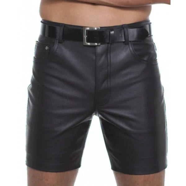 Mens Knee Length Slim Fitted Real Sheepskin Black Leather Shorts