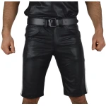 Mens Knee long White Strips Real Sheepskin Black Leather Shorts