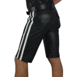 Mens Knee long White Strips Real Sheepskin Black Leather Shorts