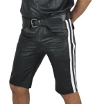 Mens Knee long White Strips Real Sheepskin Black Leather Shorts