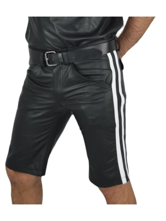 Mens Knee long White Strips Real Sheepskin Black Leather Shorts