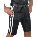 Mens Knee long White Strips Real Sheepskin Black Leather Shorts