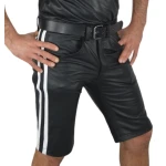 Mens Knee long White Strips Real Sheepskin Black Leather Shorts