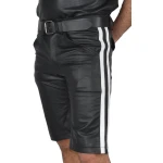 Mens Knee long White Strips Real Sheepskin Black Leather Shorts