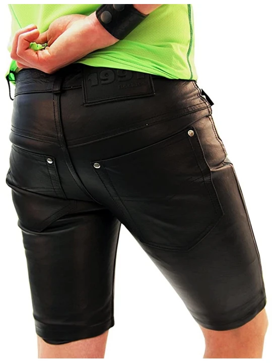 Mens New Fashion Real Sheepskin Black Leather Shorts