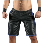 Mens Real Lamb Black Leather Basketball Shorts With Blue Strips
