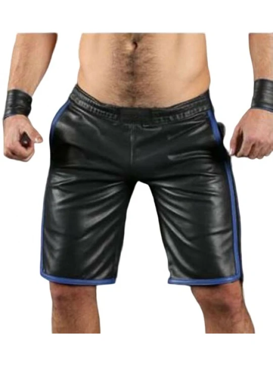 Mens Real Lamb Black Leather Basketball Shorts With Blue Strips