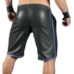 Mens Real Lamb Black Leather Basketball Shorts With Blue Strips