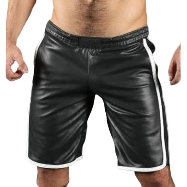Mens Real Lamb Black Leather Basketball Shorts With White Strips