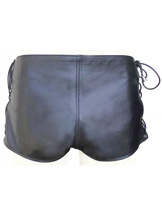 Mens Side Lace Up Real Sheepskin Black Leather Shorts