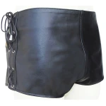 Mens Side Lace Up Real Sheepskin Black Leather Shorts