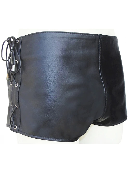 Mens Side Lace Up Real Sheepskin Black Leather Shorts