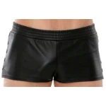 Mens Side Snap Buttons Closure Real Sheepskin Black Leather Shorts