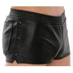 Mens Side Snap Buttons Closure Real Sheepskin Black Leather Shorts