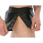 Mens Side Snap Buttons Closure Real Sheepskin Black Leather Shorts