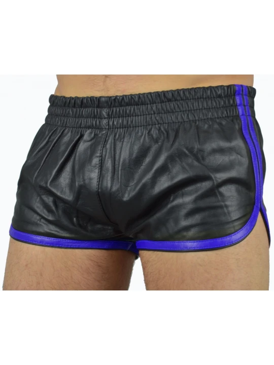 Mens Sports Blue Strips Real Sheepskin Black Leather Shorts